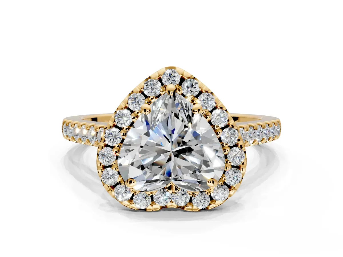 Halo Engagement Ring Setting for Heart-Shaped Center with Raised Halo, Pave Band and Prong Head in Yellow Gold