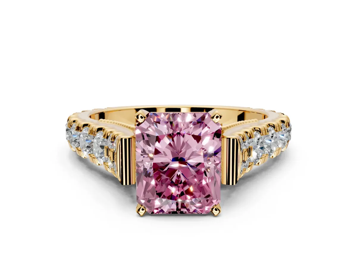 Solitaire Engagement Ring Setting for Fancy Pink Radiant Cut Center with Pave Cathedral Shoulders and Prong Head in Yellow Gold