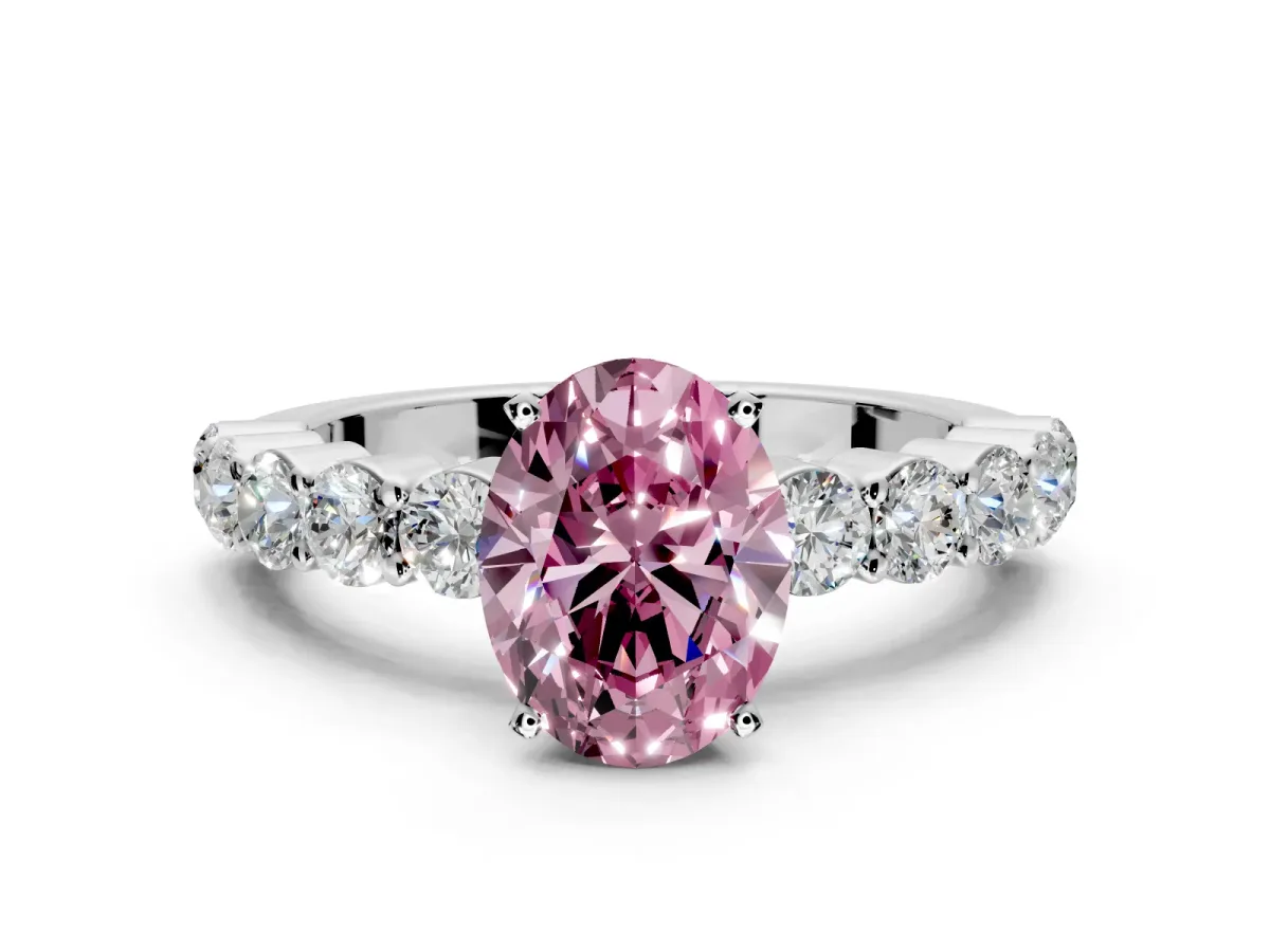Shared-Prong Engagement Ring Setting for Fancy Pink Oval Center with Graduated Accents and Prong Head in White Gold