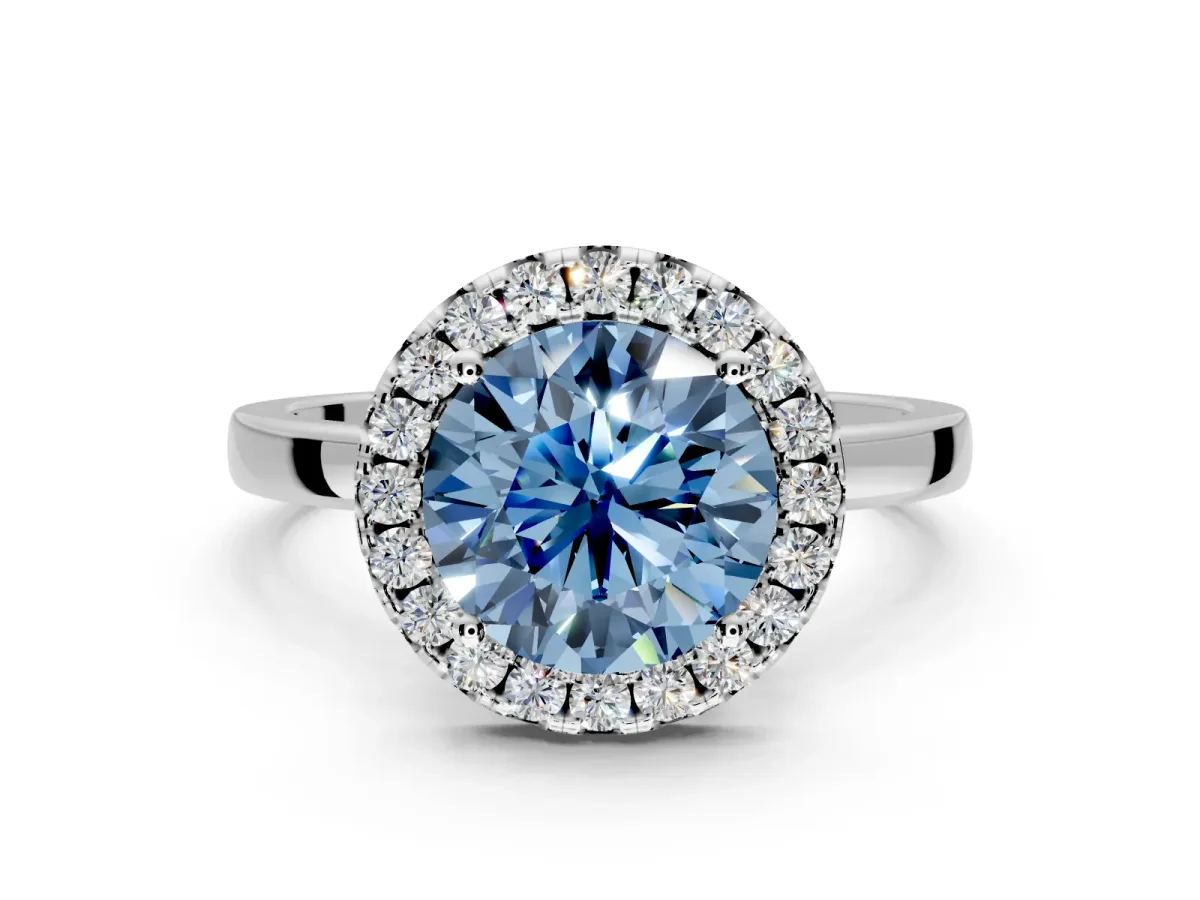 Halo Engagement Ring Setting for Fancy Blue Round Cut Center with Thin Plain Band and Prong Head in White Gold