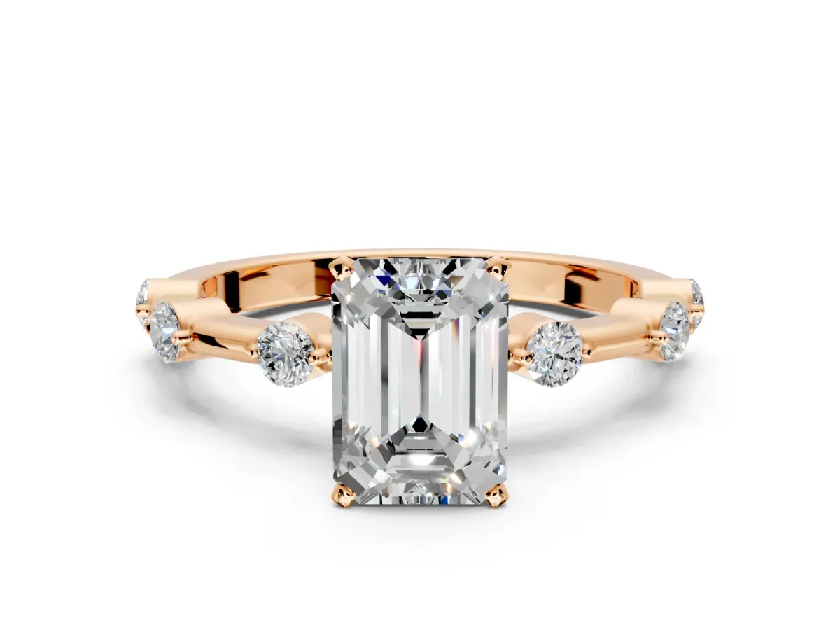 Solitaire Engagement Ring Setting for Emerald Cut Center with Bezel Station Band and Prong Head in Rose Gold