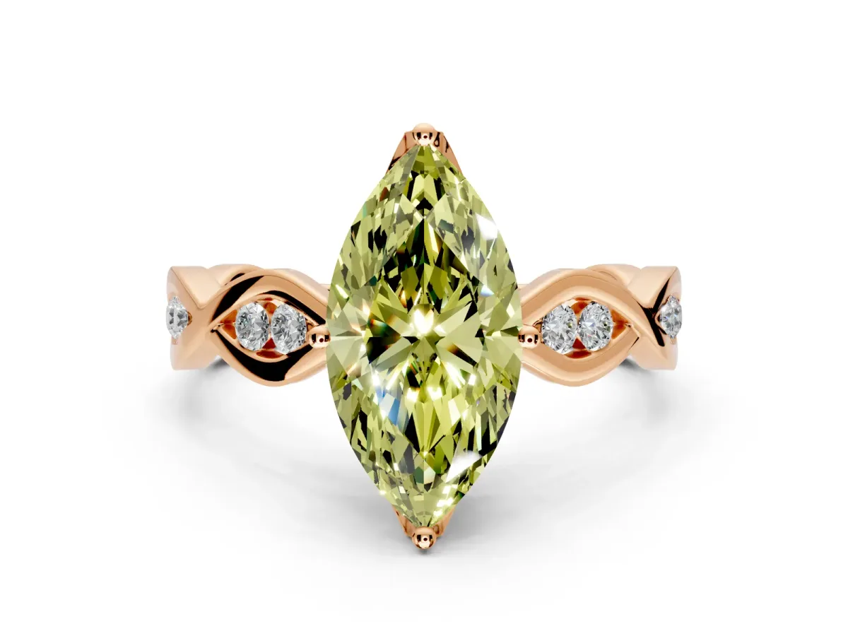 Solitaire Engagement Ring Setting for Fancy Yellow Marquise Center with Accented Twist Band and Leaf Prong Head in Rose Gold