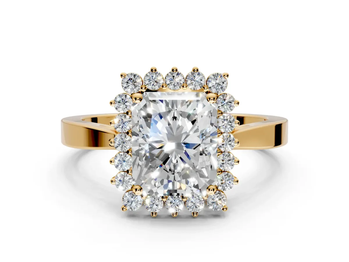Starburst Halo Engagement Ring Setting for Radiant Cut Center with Flat Cathedral Band and Prong Head in Yellow Gold
