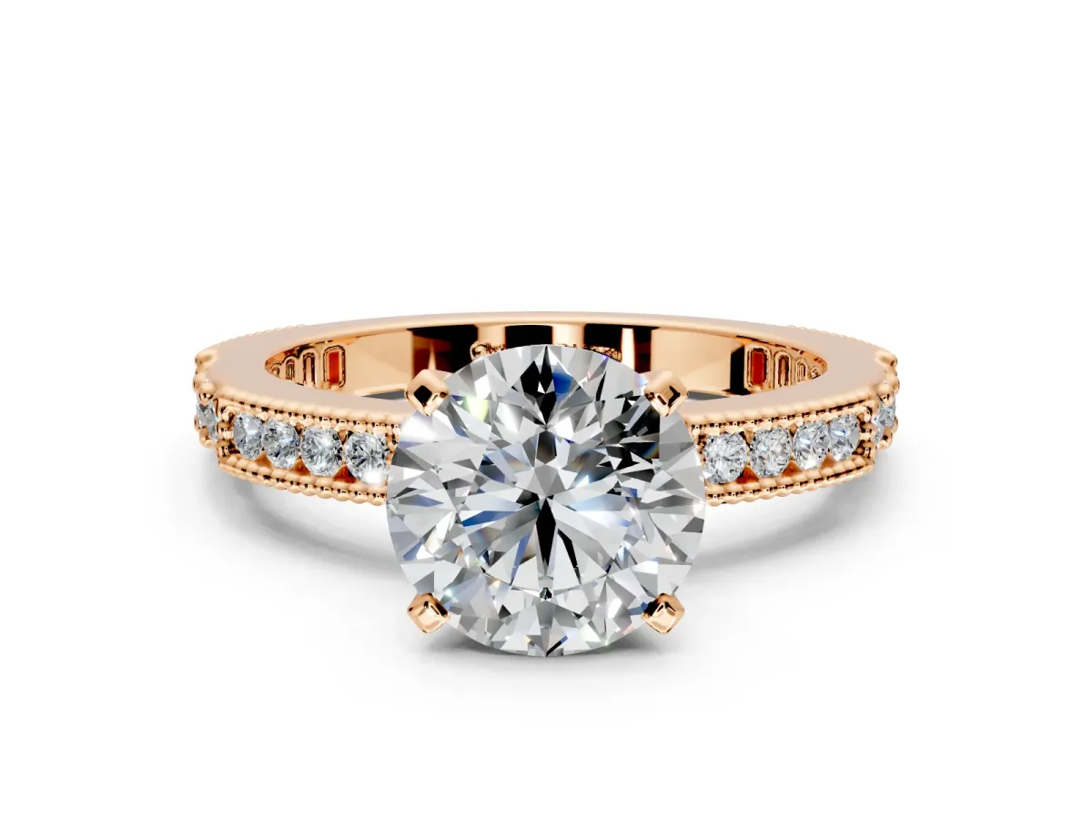 Solitaire Engagement Ring Setting for Round Cut Center with Milgrain-Edged Pave Band and Prong Head in Rose Gold