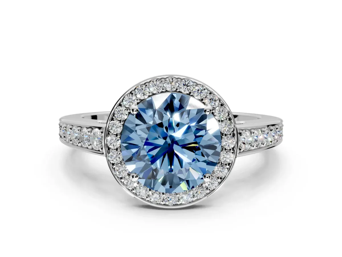 Bezel-Framed Halo Engagement Ring Setting for Fancy Blue Round Cut Center with Pave Band and Prong Head in Platinum