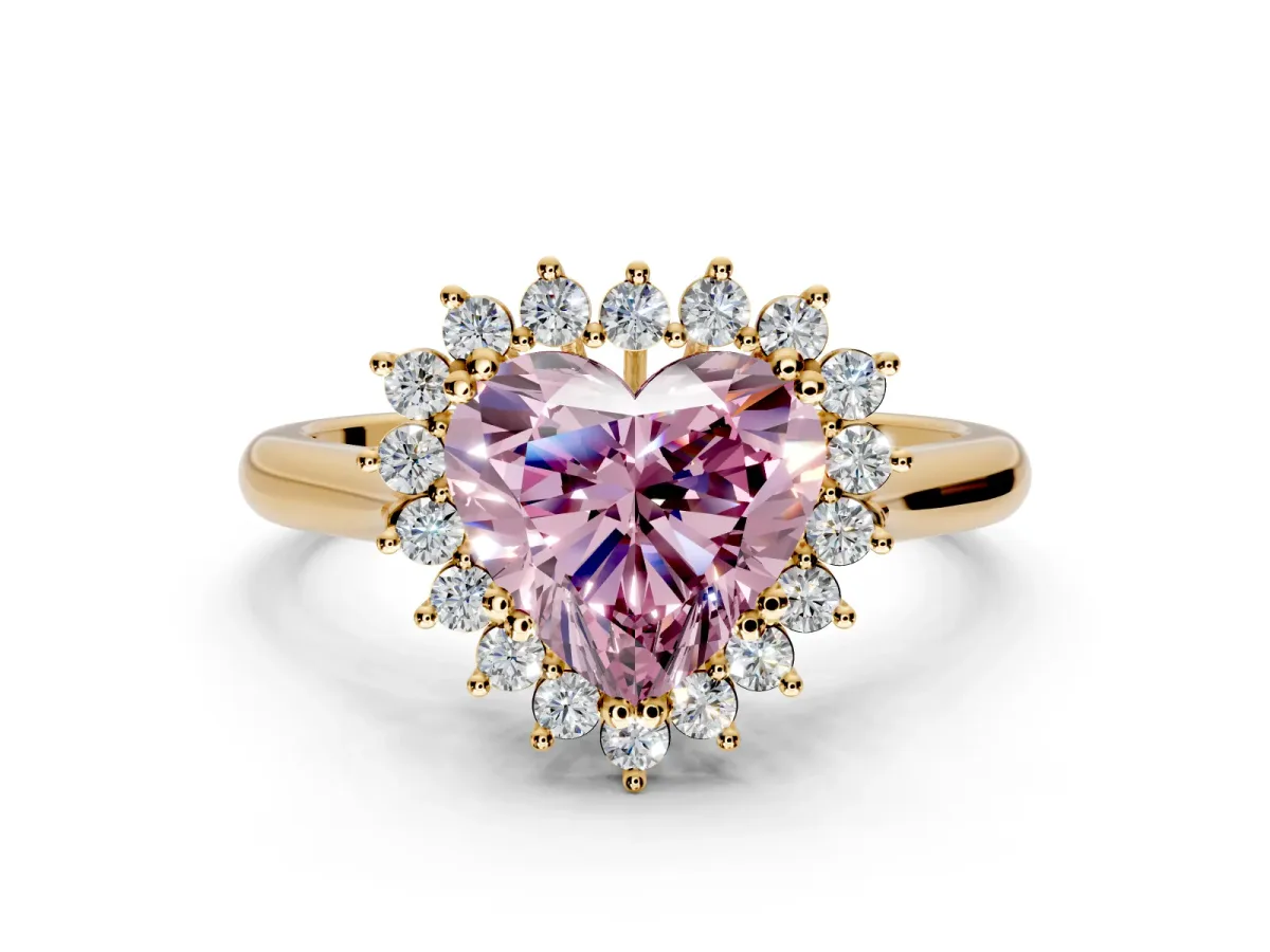 Starburst Halo Engagement Ring Setting for Fancy Pink Heart-Shaped Center with Thin Round-Wire Band and Prong Head in Yellow Gold