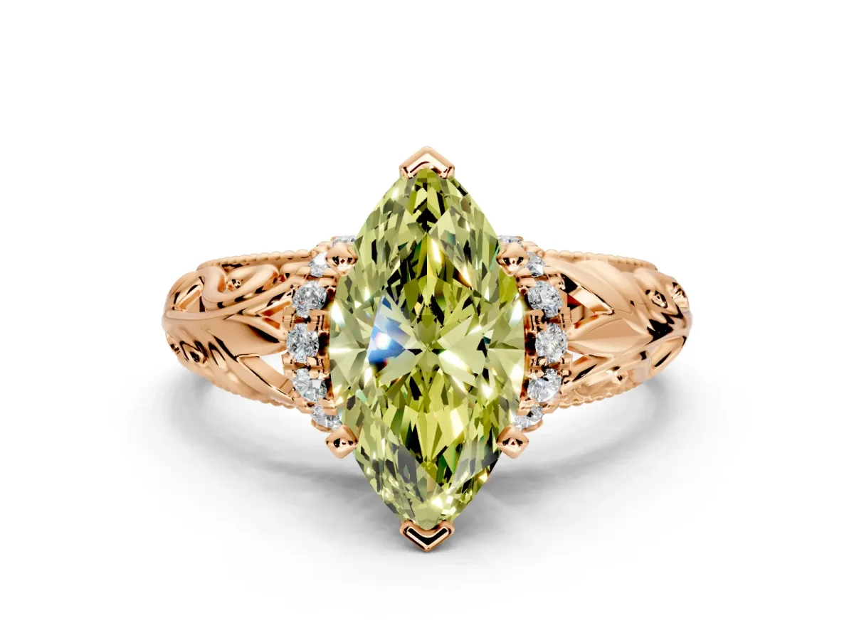 Solitaire Engagement Ring Setting for Fancy Yellow Marquise Center with Filigree Accent Basket and Prong Head in Rose Gold