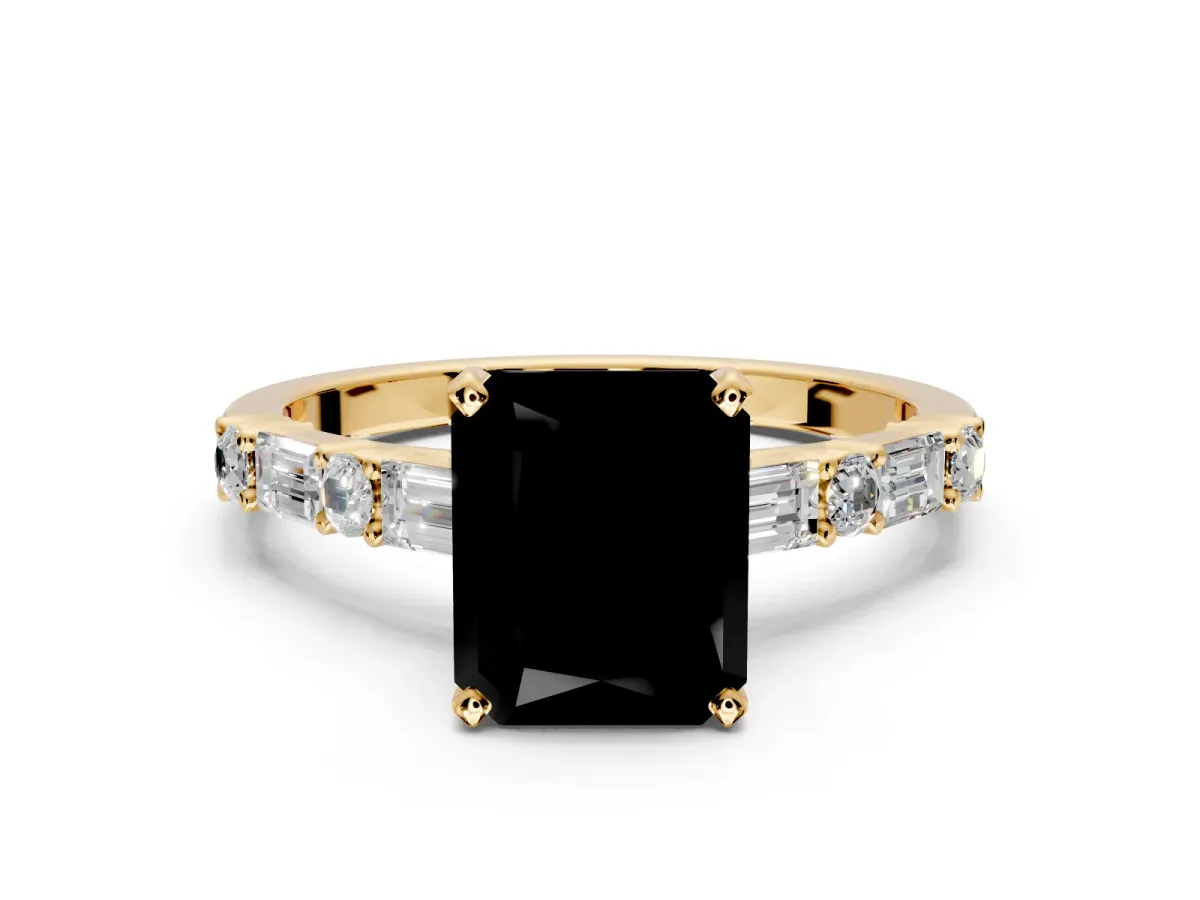 Baguette Engagement Ring Setting for Fancy Black Radiant Cut Center with Alternating Bar-Set Band and Prong Head in Yellow Gold