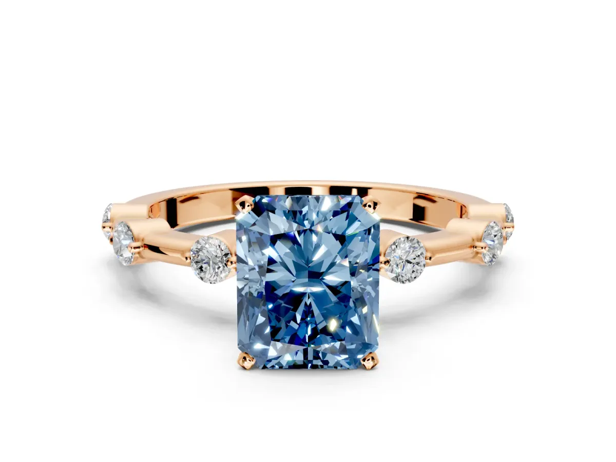 Solitaire Engagement Ring Setting for Fancy Blue Radiant Cut Center with Bezel Station Band and Prong Head in Rose Gold