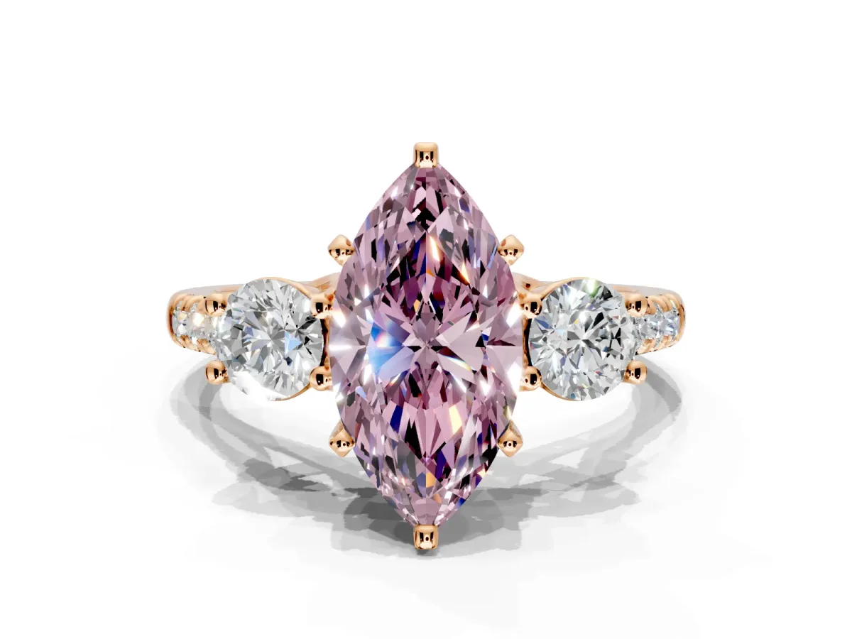 3 Stone Engagement Ring Setting for Fancy Pink Marquise Center with Crossover Basket, Pave Band and Prong Head in Rose Gold
