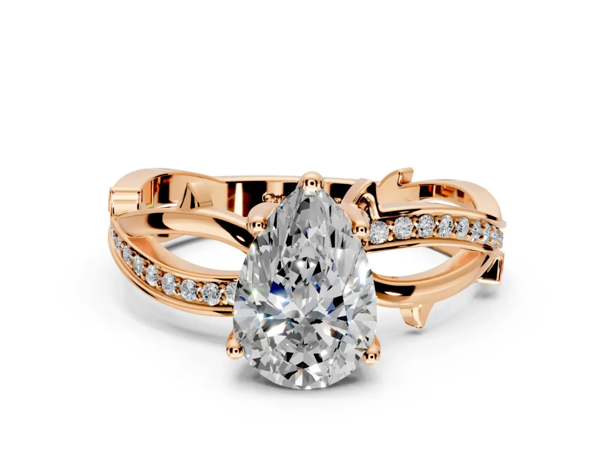 Solitaire Engagement Ring Setting for Pear-Shaped Center with Pave and Plain Crossover Band and Prong Head in Rose Gold