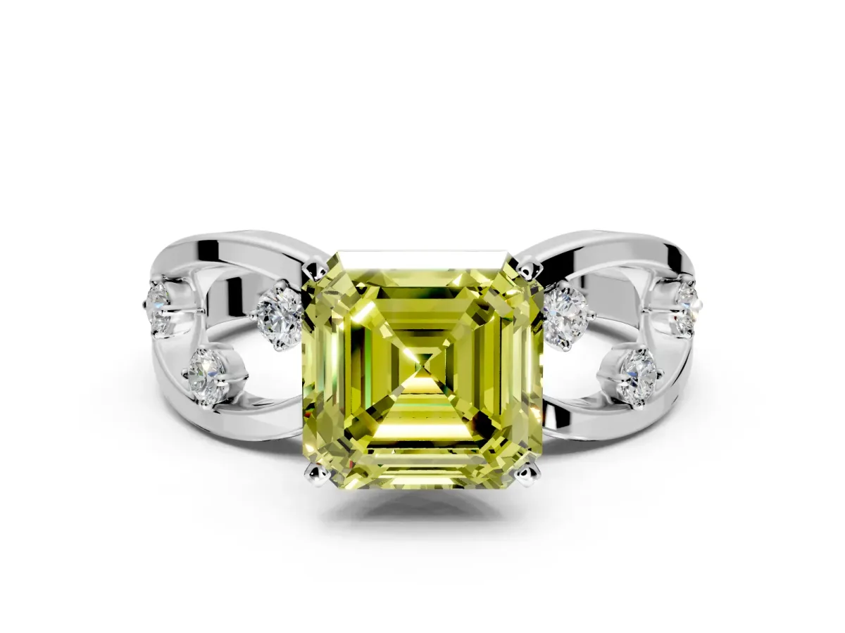 Solitaire Engagement Ring Setting for Fancy Yellow Asscher Cut Center with Criss-Cross Accent Band and Prong Head in White Gold