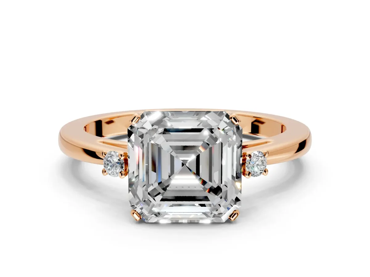 3 Stone Engagement Ring Setting for Asscher Cut Center with Low-Set Round Cut Accents and Prong Head in Rose Gold