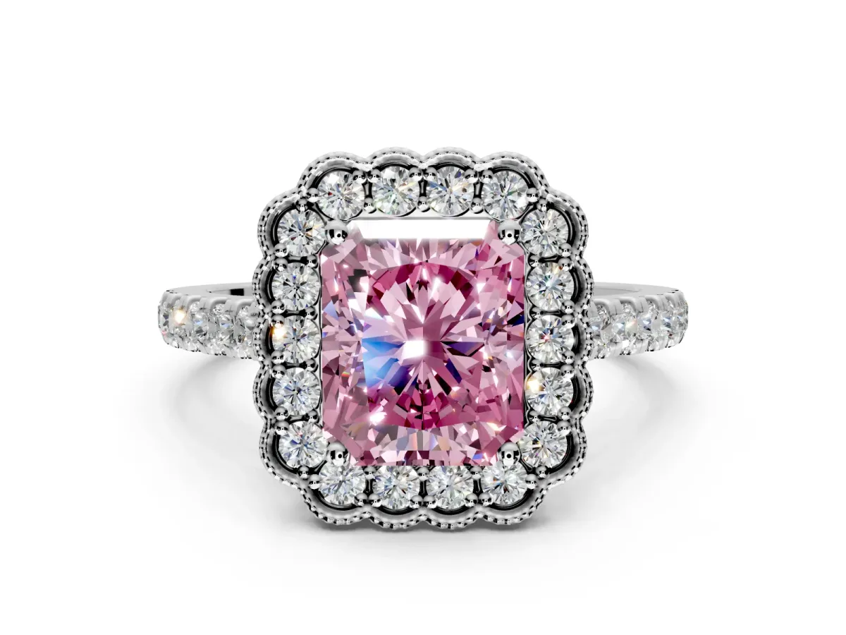 Milgrain Floral Halo Engagement Ring Setting for Fancy Pink Radiant Cut Center with Pave Band and Prong Head in Platinum