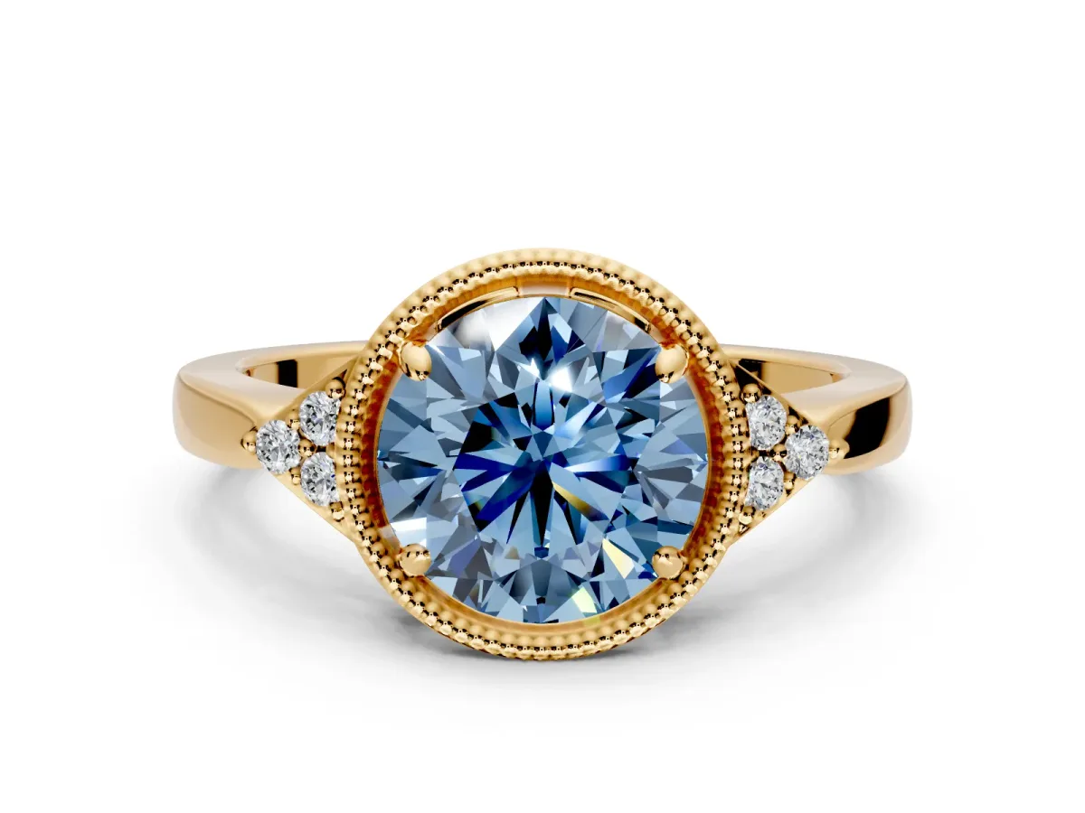 Cluster Engagement Ring Setting for Fancy Blue Round Cut Center with Milgrain Shoulder Clusters and Prong Head in Yellow Gold