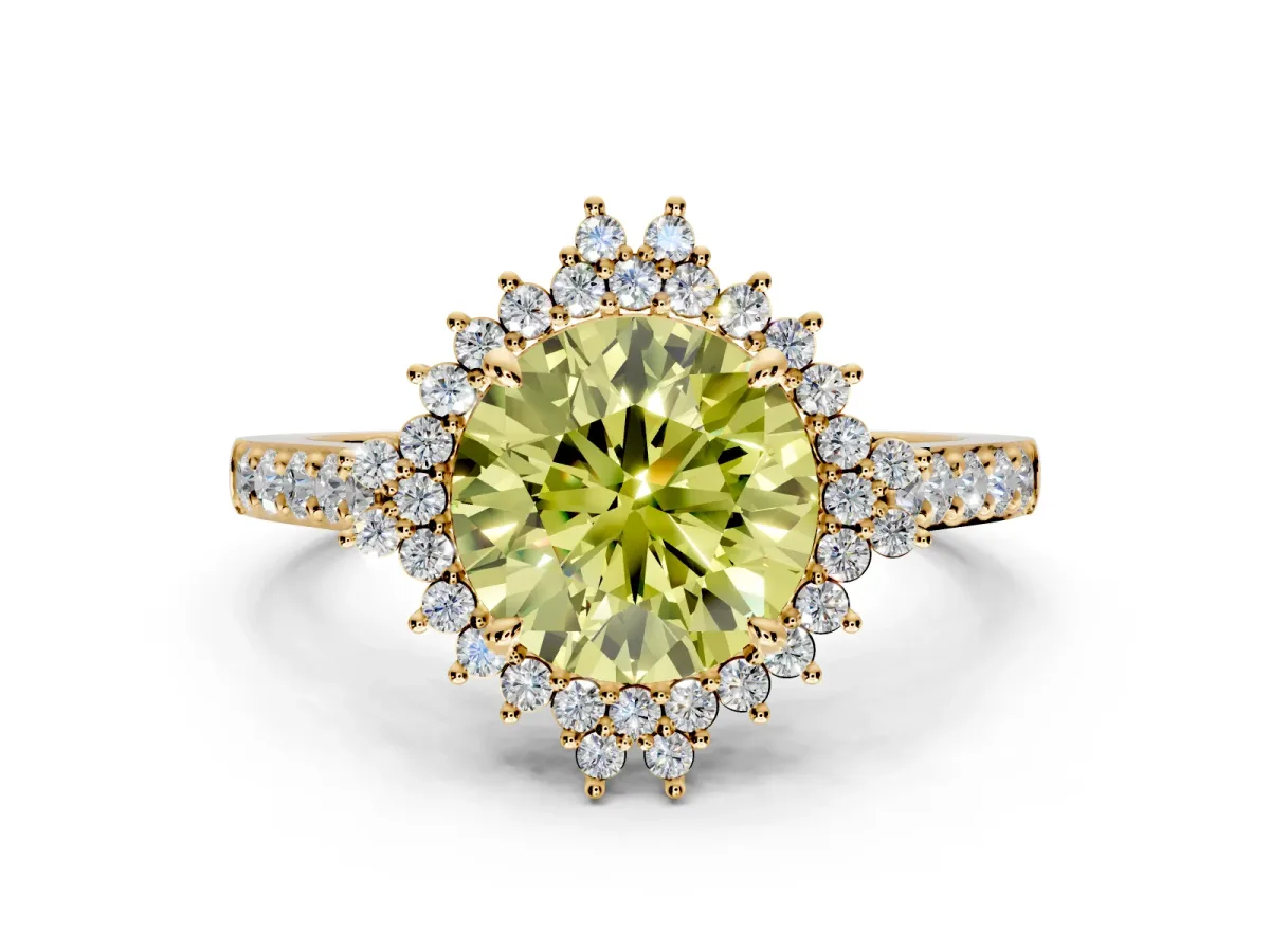 Sunburst Halo Engagement Ring Setting for Fancy Yellow Round Cut Center with Pave Band and Prong Head in Yellow Gold