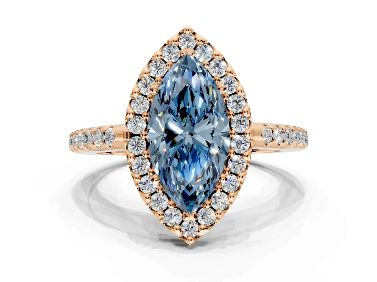 Pave Halo Engagement Ring Setting for Fancy Blue Marquise Center with Single Row Pave Band and Prong Head in Rose Gold