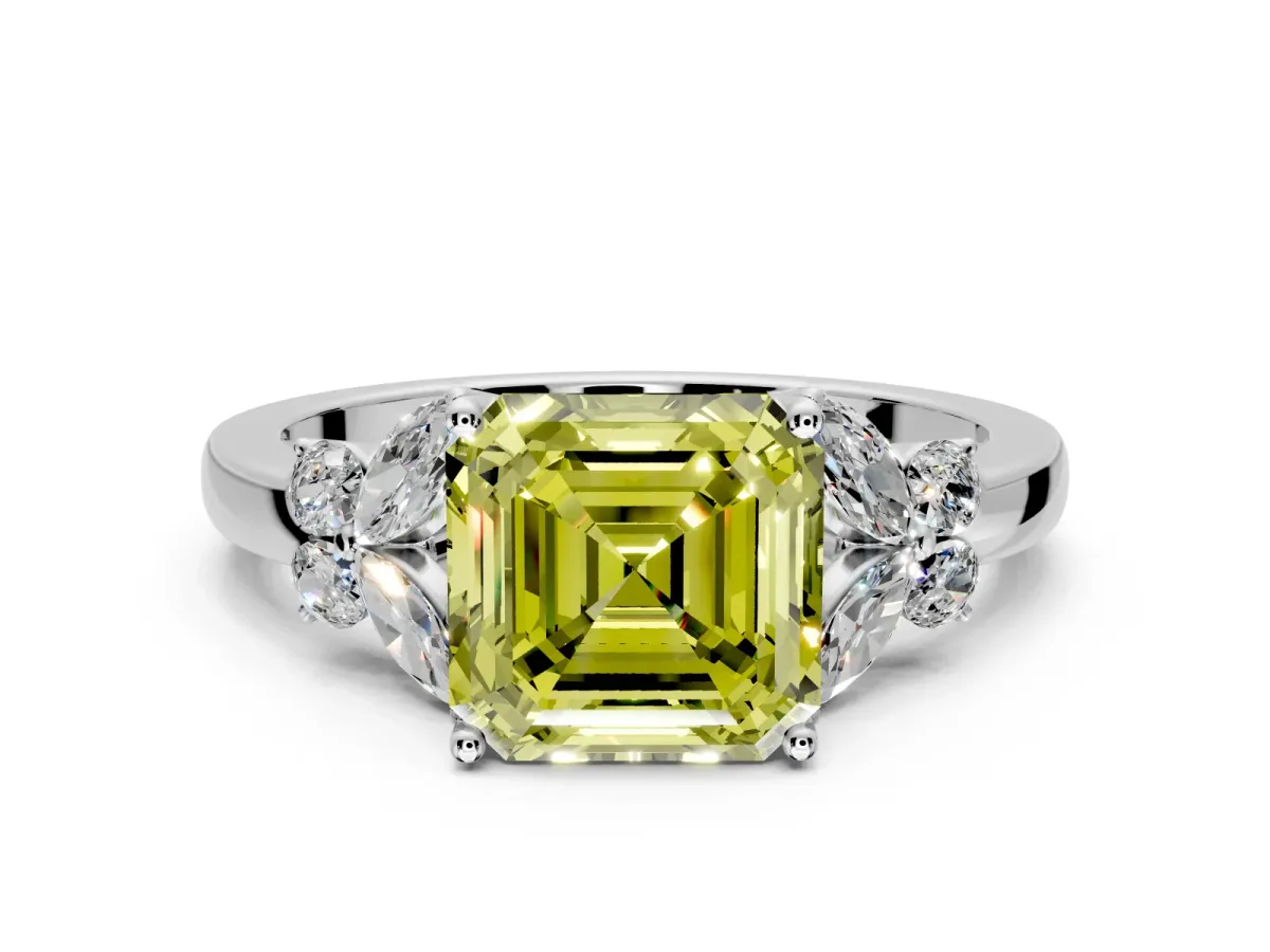 Solitaire Engagement Ring Setting for Fancy Yellow Asscher Cut Center with Marquise Flower Shoulders and Prong Head in Platinum