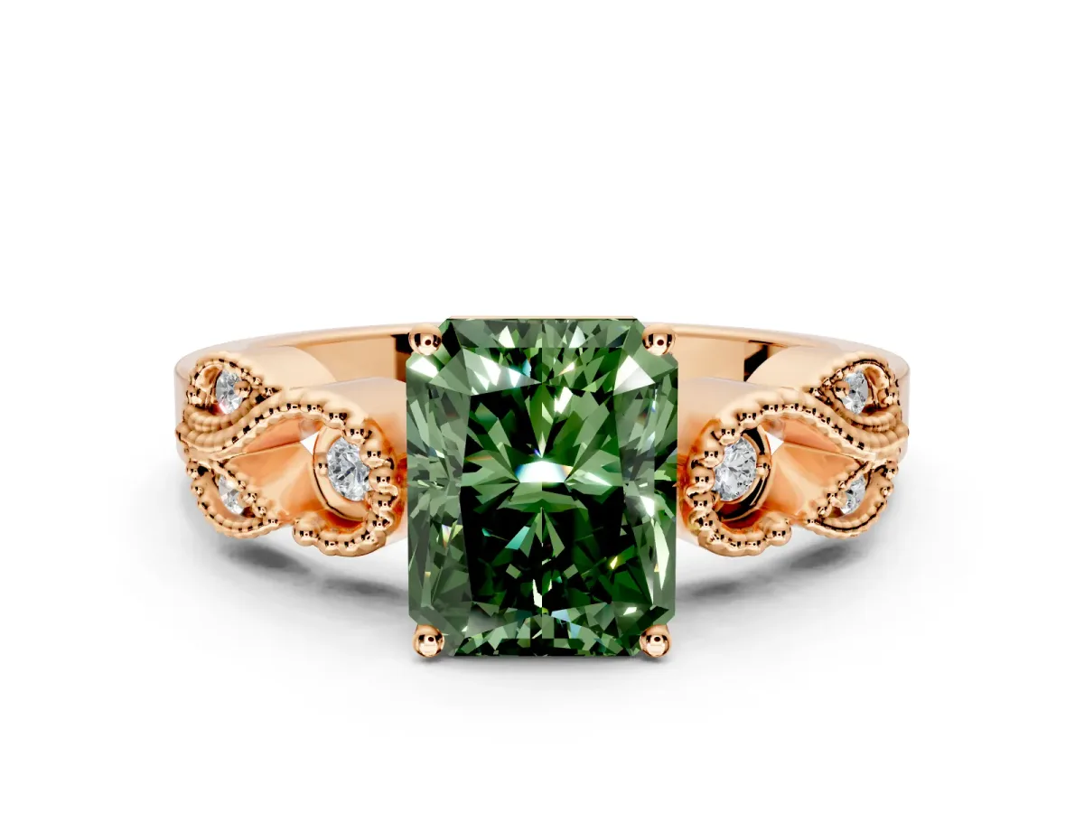 Leaf Engagement Ring Setting for Fancy Green Radiant Cut Center with Milgrain Accent Band and Prong Head in Rose Gold