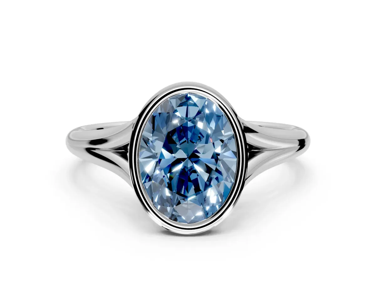 Solitaire Engagement Ring Setting for Fancy Blue Oval Center with V Split Shank and Bezel Head in Platinum