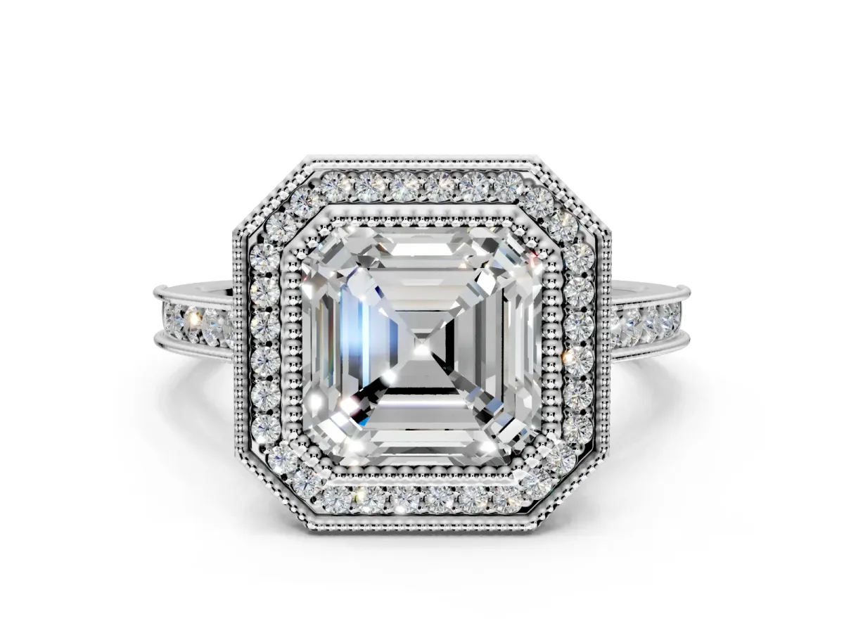 Halo Engagement Ring Setting for Asscher Cut Center with Milgrain Pave Band and Bezel Head in White Gold