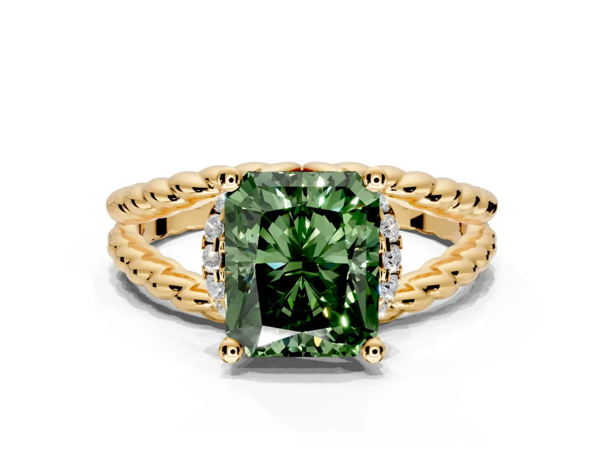Halo Engagement Ring Setting for Fancy Green Radiant Cut Center with Rope Twist Split Shank and Prong Head in Yellow Gold