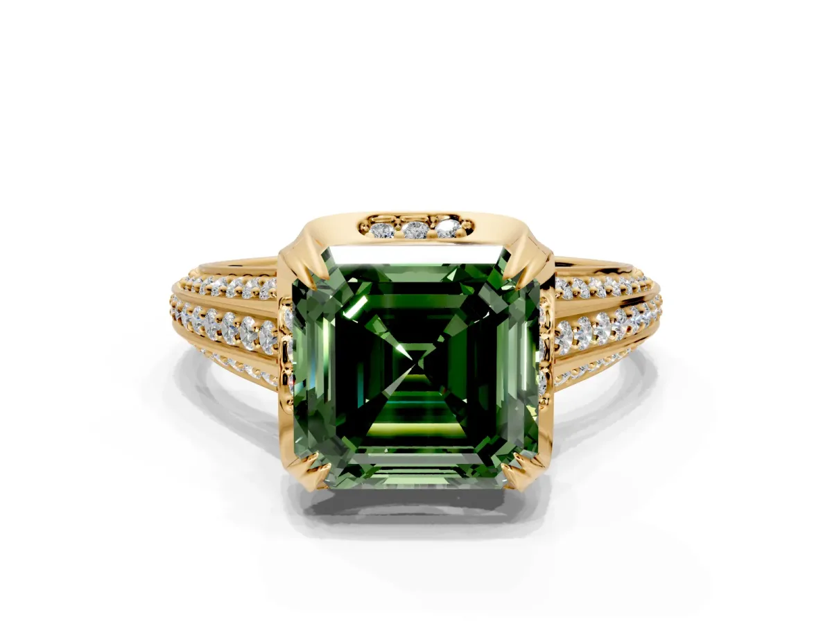 Solitaire Engagement Ring Setting for Fancy Green Asscher Cut Center with Accented Split Shank and Prong Head in Yellow Gold