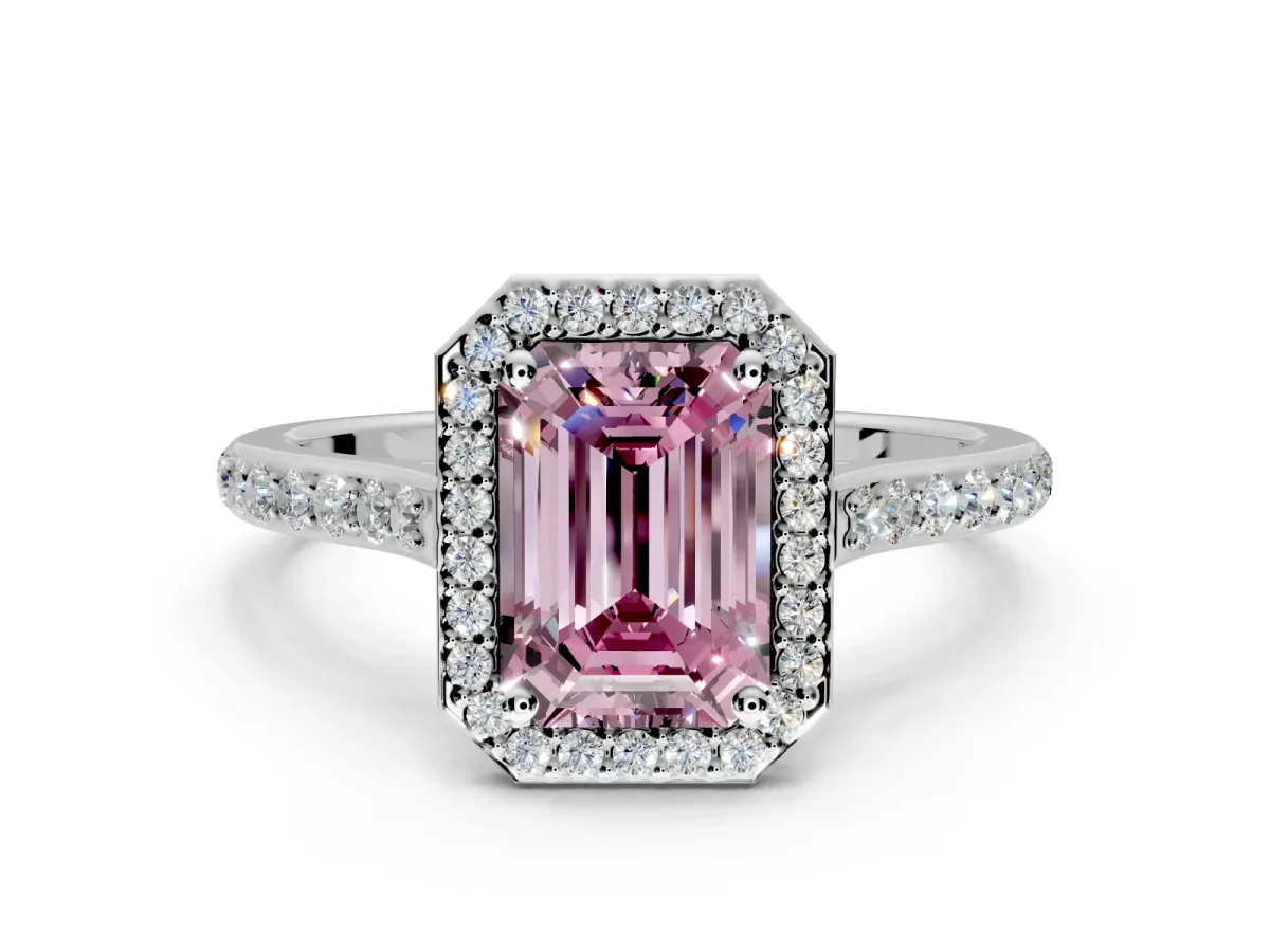 Halo Engagement Ring Setting for Fancy Pink Emerald Cut Center with Pave Accents, Heart Basket and Prong Head in Platinum
