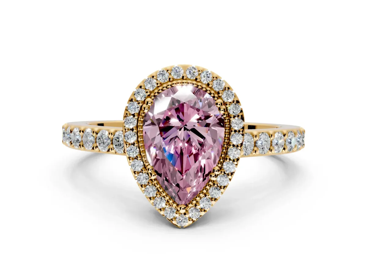 Halo Engagement Ring Setting for Fancy Pink Pear-Shaped Center with Inner Milgrain Border and Prong Head in Yellow Gold