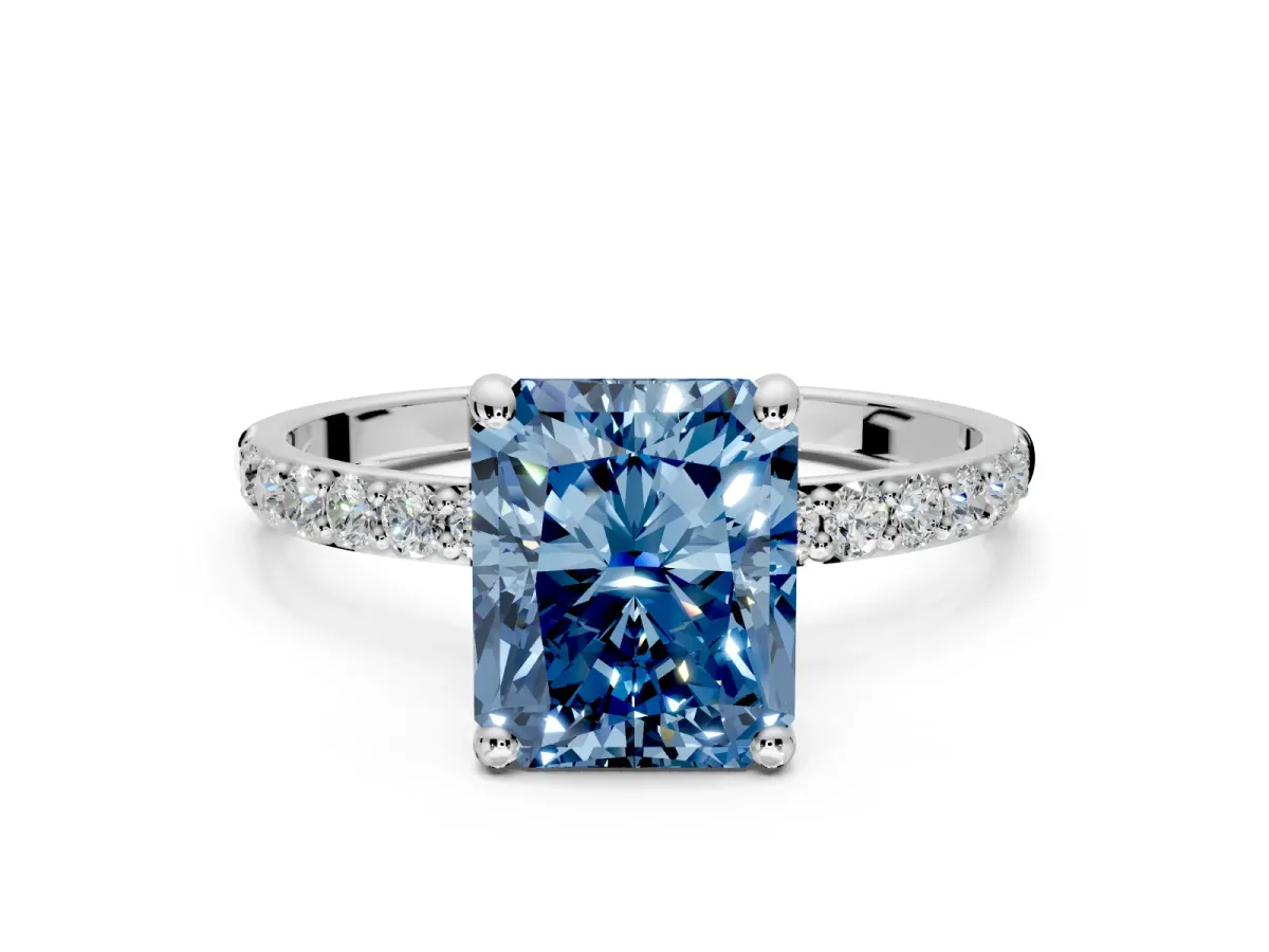 Solitaire Engagement Ring Setting for Fancy Blue Radiant Cut Center with Pave Accents and Prong Head in Sterling Silver