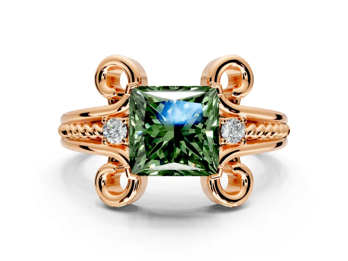 Solitaire Engagement Ring Setting for Fancy Green Princess Cut Center with Twisted Band and Scroll Prong Head in Rose Gold