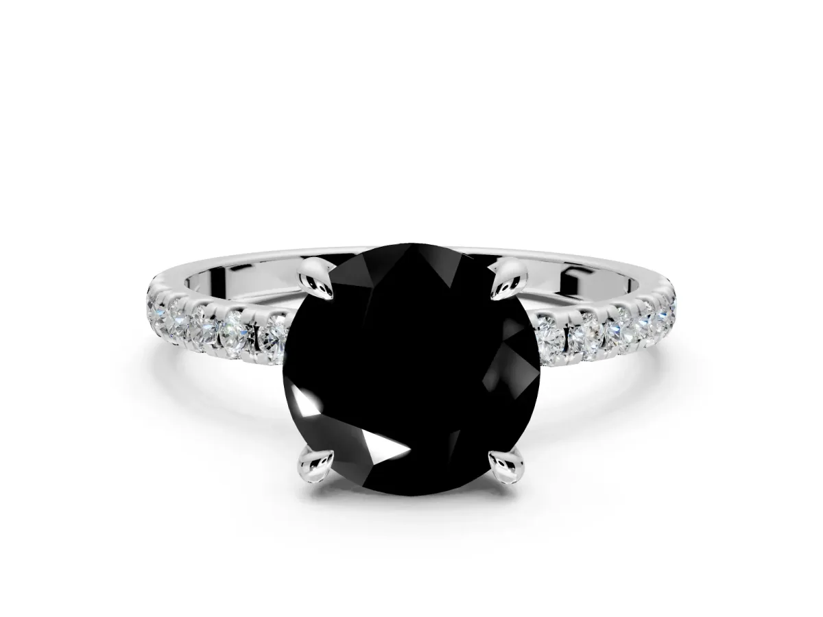 Solitaire Engagement Ring Setting for Fancy Black Round Cut Center with Fine Pave Narrow Band and Prong Head in White Gold