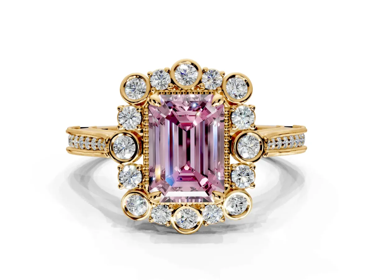 Milgrain Halo Engagement Ring Setting for Fancy Pink Emerald Cut Center with Bezel Point Accents and Prong Head in Yellow Gold