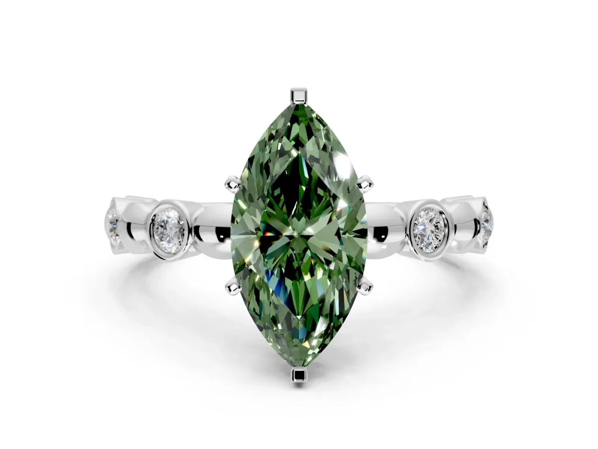 Solitaire Engagement Ring Setting for Fancy Green Marquise Center with Beaded Bezel Station Band and Prong Head in Platinum