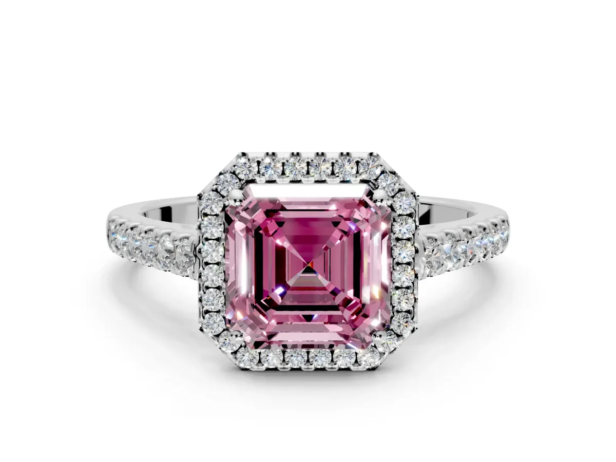 Halo Engagement Ring Setting for Fancy Pink Asscher Cut Center with Narrowing Pave Band and Prong Head in Sterling Silver