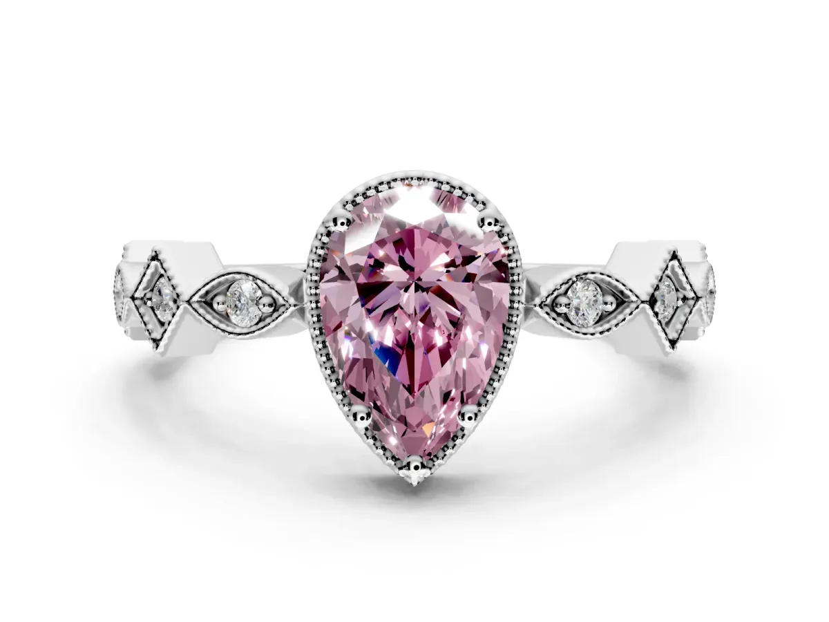 Milgrain Bezel Engagement Ring Setting for Fancy Pink Pear-Shaped Center with Marquise Stations and Bezel Head in Platinum
