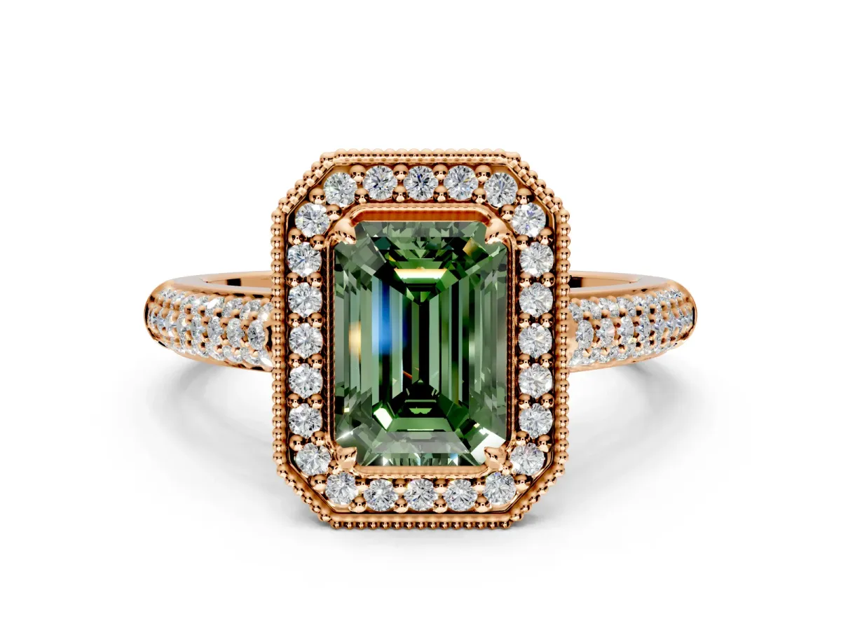 Milgrain Halo Engagement Ring Setting for Fancy Green Emerald Cut Center with Three-Sided Pave Band and Prong Head in Rose Gold