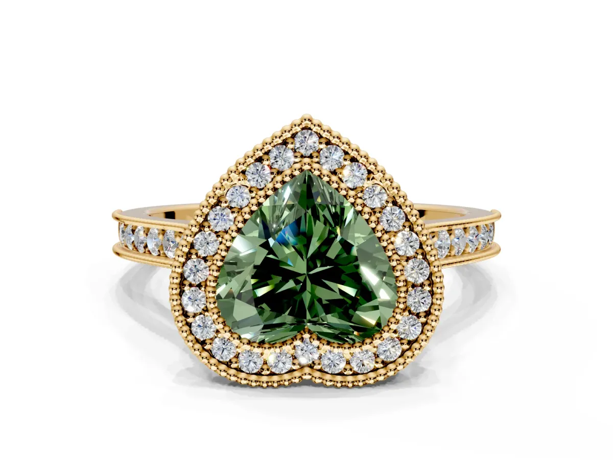 Halo Engagement Ring Setting for Fancy Green Heart-Shaped Center with Milgrain Pave Band and Bezel Head in Yellow Gold