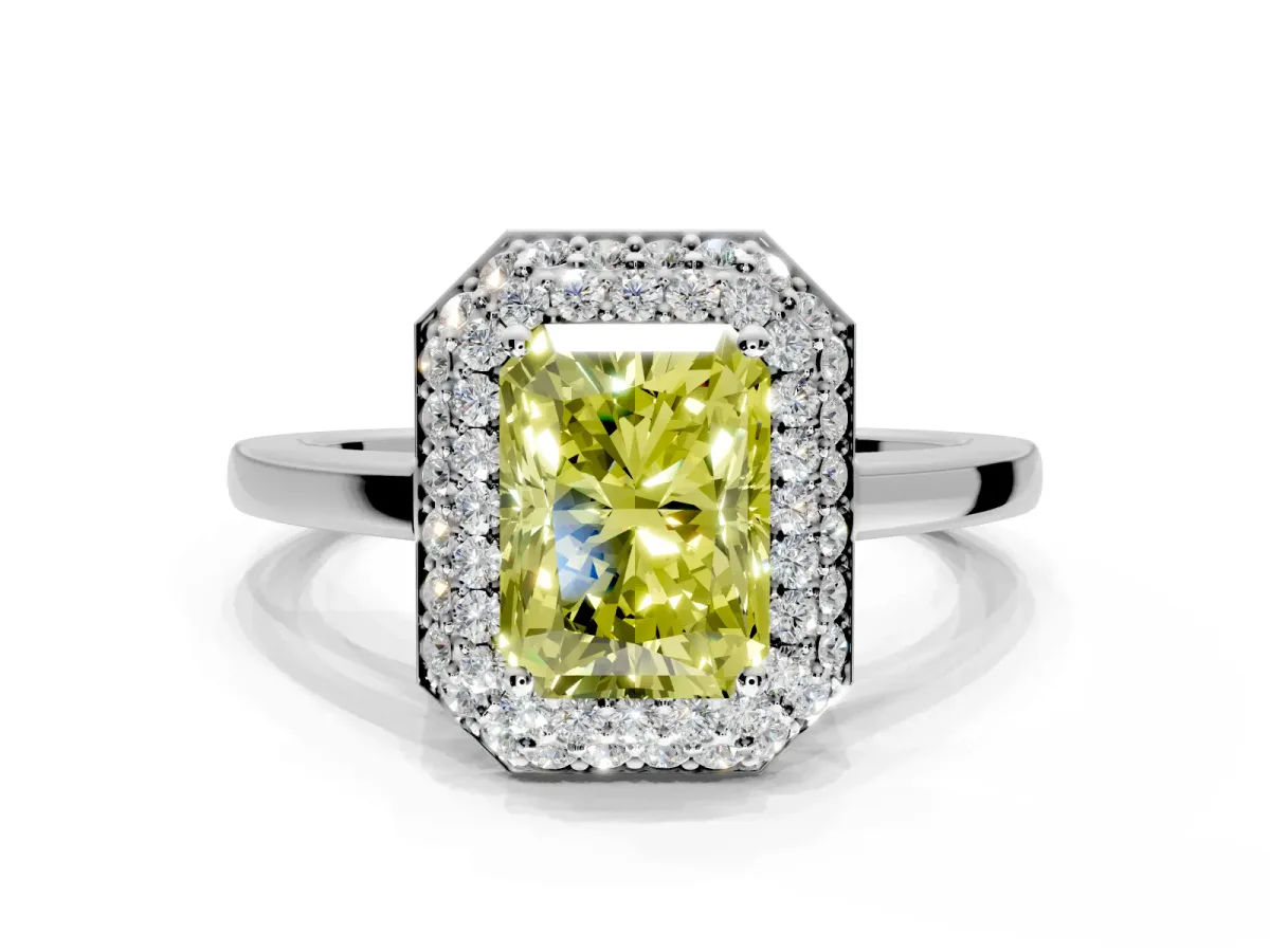 Halo Engagement Ring Setting for Fancy Yellow Radiant Cut Center with Plain Tapered Band and Prong Head in White Gold