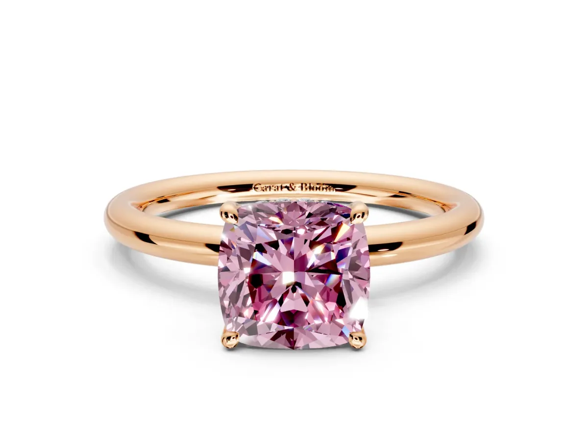 Hidden Halo Engagement Ring Setting for Fancy Pink Cushion Cut Center with Thin Rounded Band and Prong Head in Rose Gold