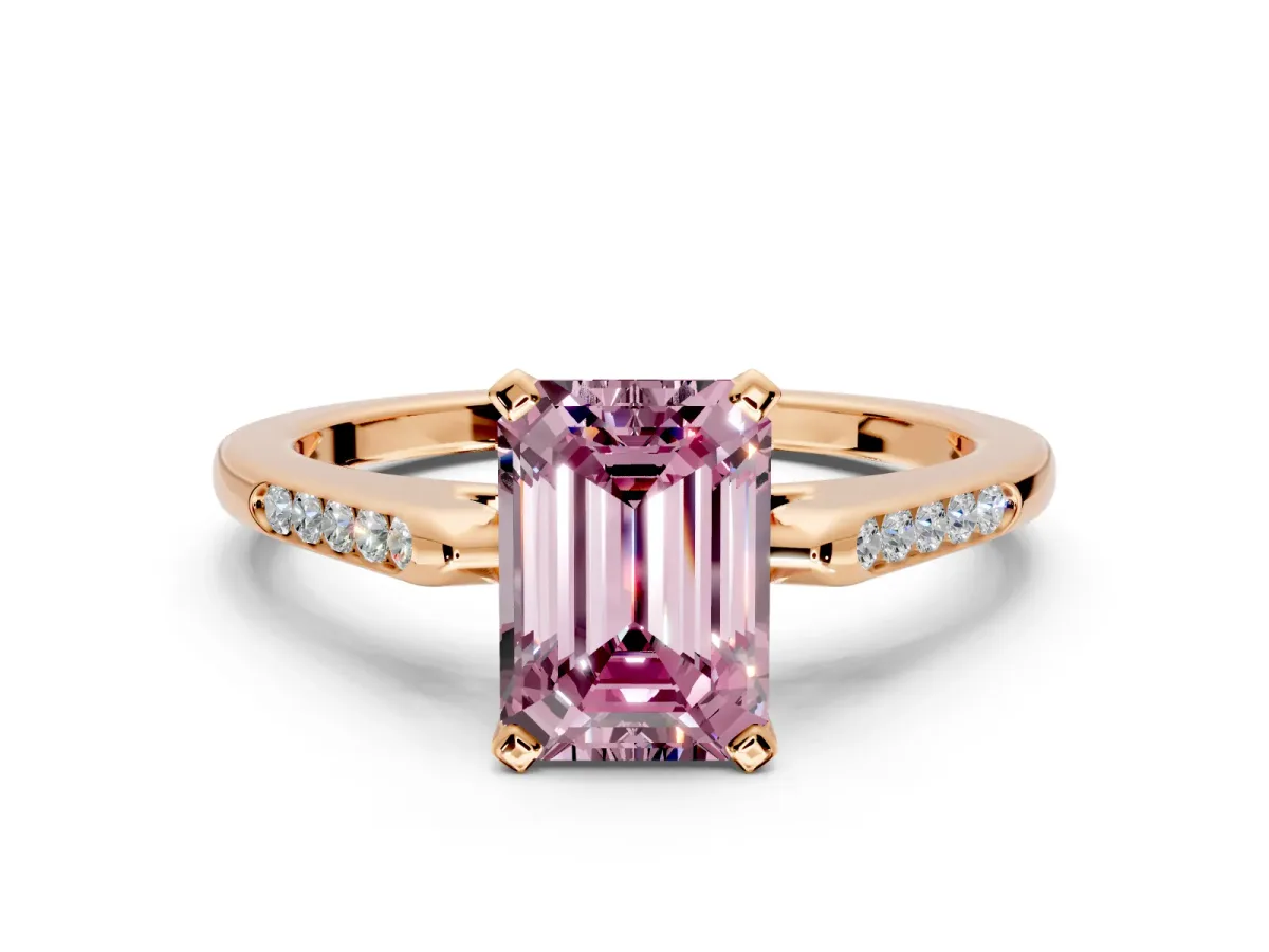 Solitaire Engagement Ring Setting for Fancy Pink Emerald Cut Center with Channel Accents and Prong Head in Rose Gold
