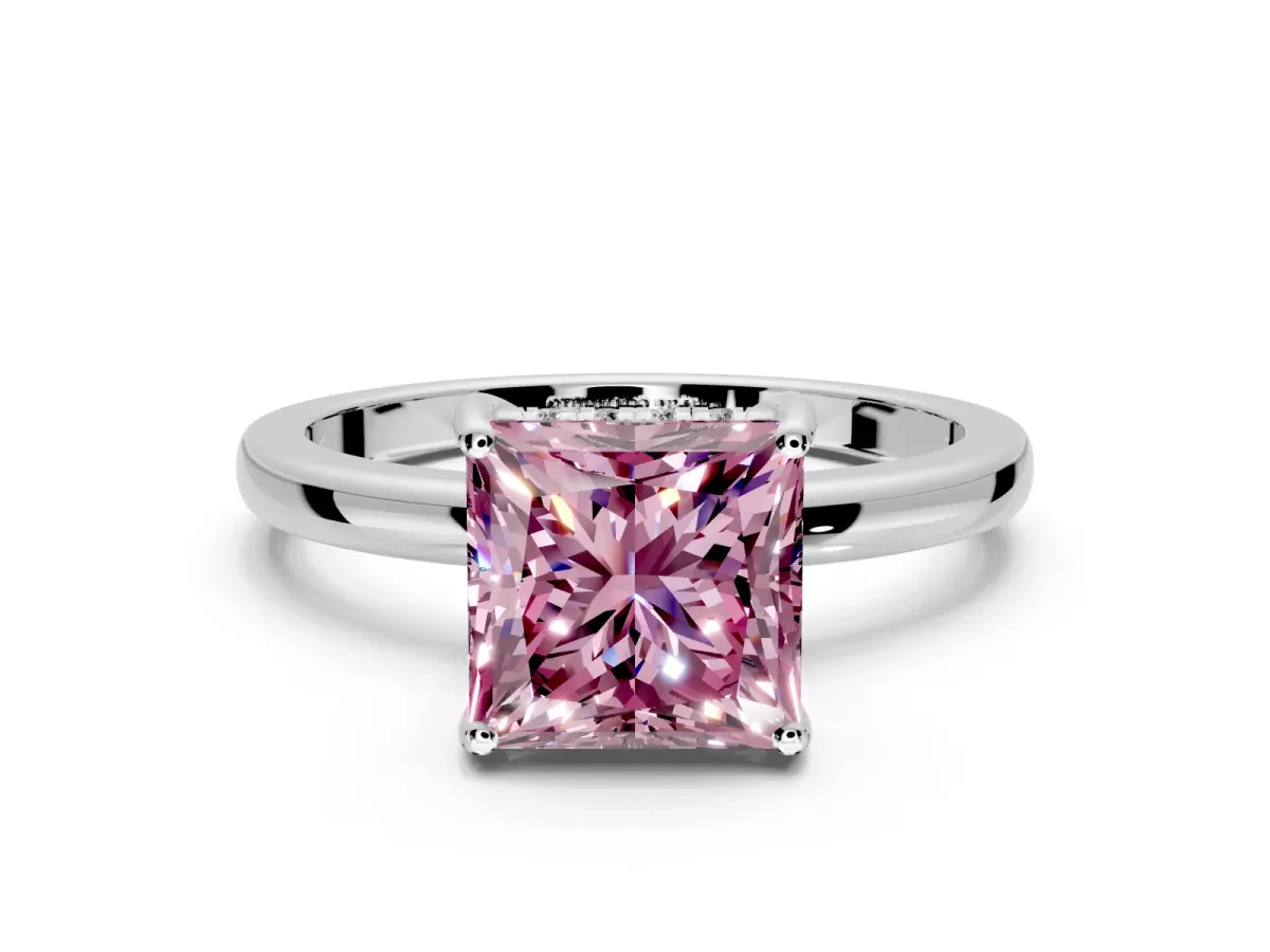 Solitaire Engagement Ring Setting for Fancy Pink Princess Cut Center with Fine Wire Band and Prong Head in Sterling Silver