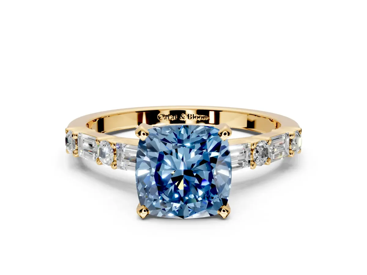 Baguette Engagement Ring Setting for Fancy Blue Cushion Cut Center with Alternating Bar-Set Band and Prong Head in Yellow Gold