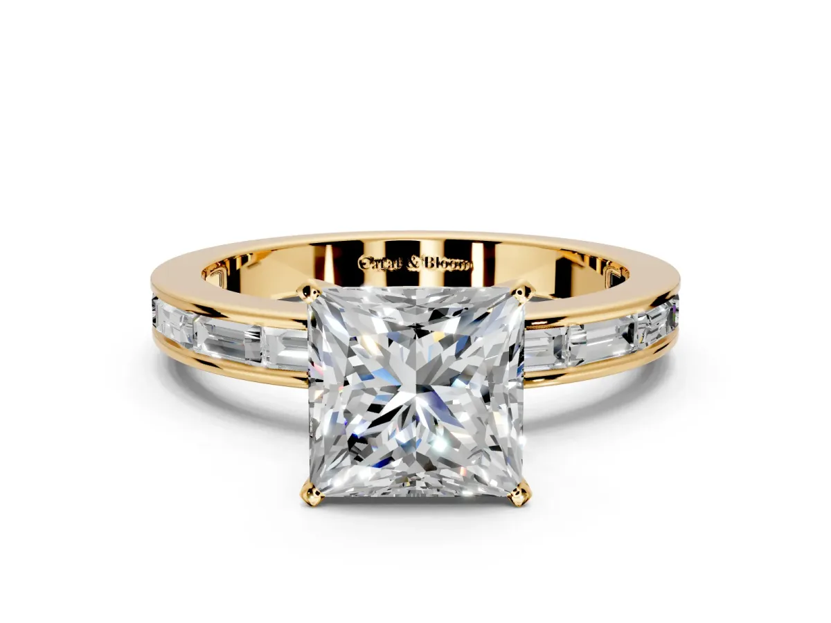 Solitaire Engagement Ring Setting for Princess Cut Center with Channel Baguette Band and Prong Head in Yellow Gold