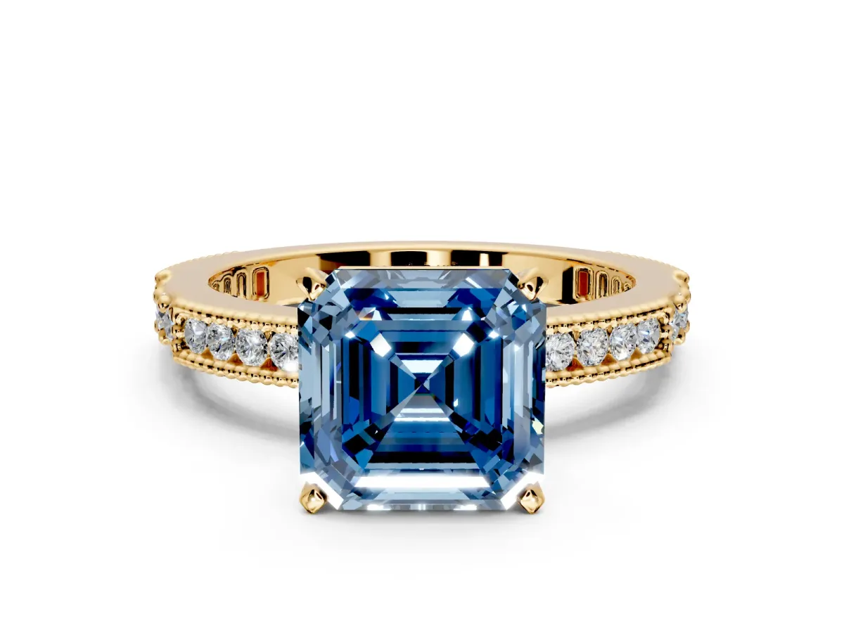 Solitaire Engagement Ring Setting for Fancy Blue Asscher Cut Center with Milgrain-Edged Pave Band and Prong Head in Yellow Gold