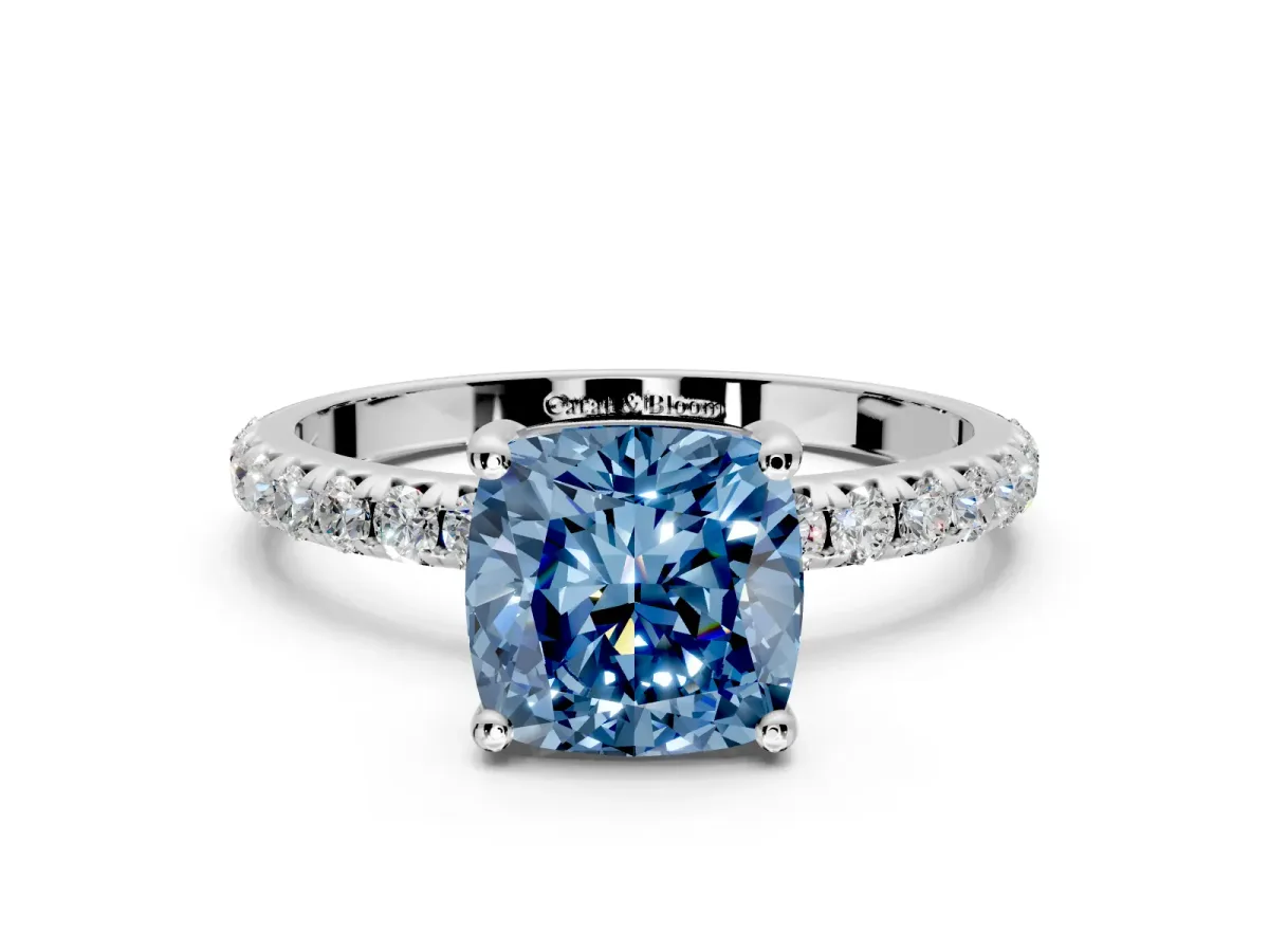 Solitaire Engagement Ring Setting for Fancy Blue Cushion Cut Center with Micro Pave Band and Prong Head in Platinum