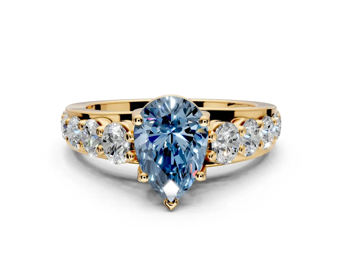 Solitaire Engagement Ring Setting for Fancy Blue Pear-Shaped Center with Graduated Shared Prongs and Prong Head in Yellow Gold