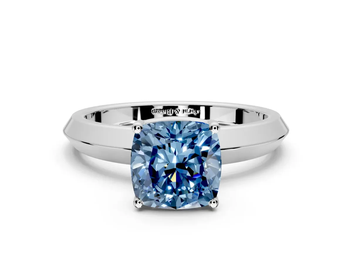 Solitaire Engagement Ring Setting for Fancy Blue Cushion Cut Center with Wide Knife Ridge Band and Prong Head in Platinum