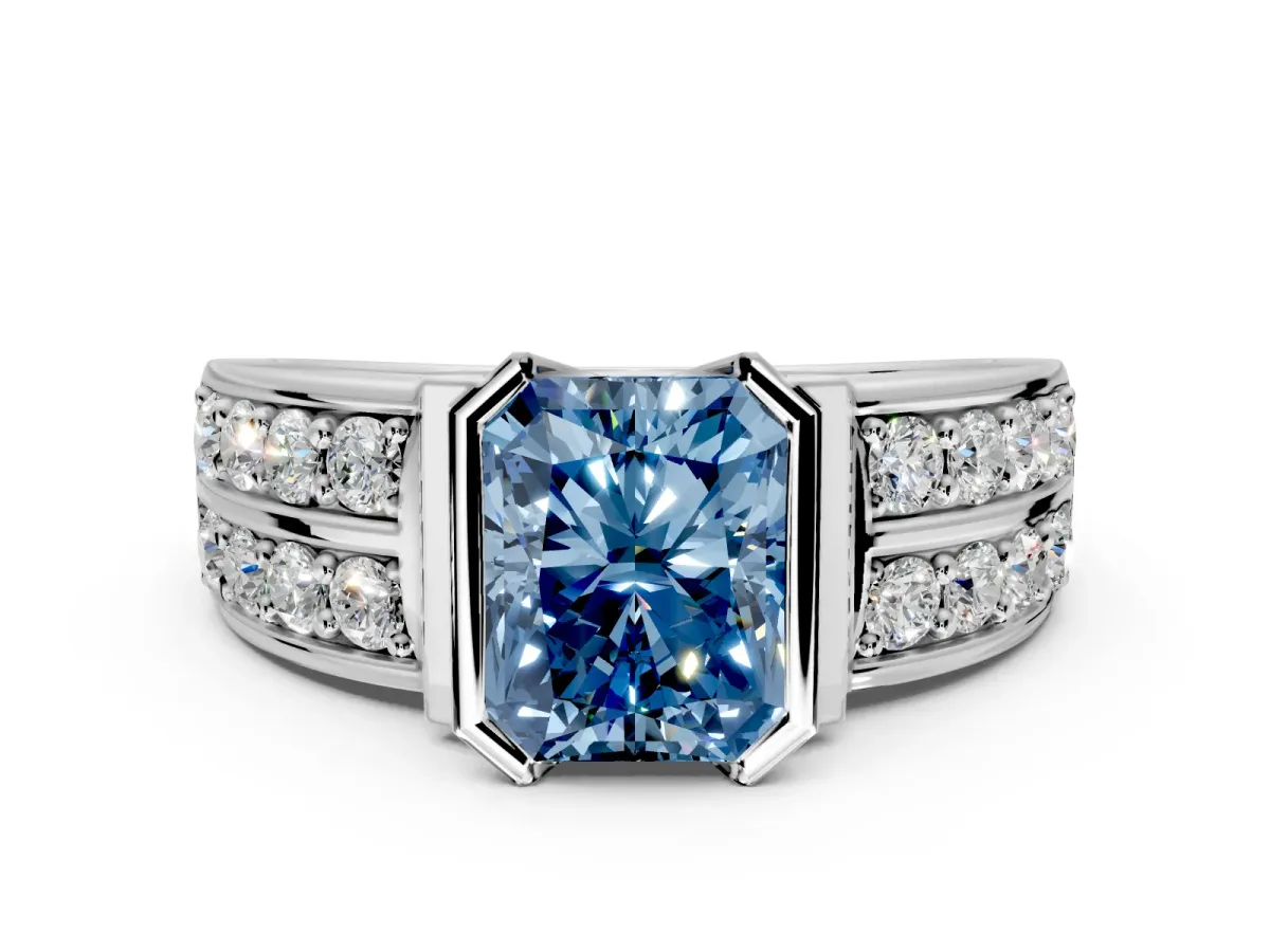Bezel Engagement Ring Setting for Fancy Blue Radiant Cut Center with Wide Channel-Set Band and Bezel Head in Platinum