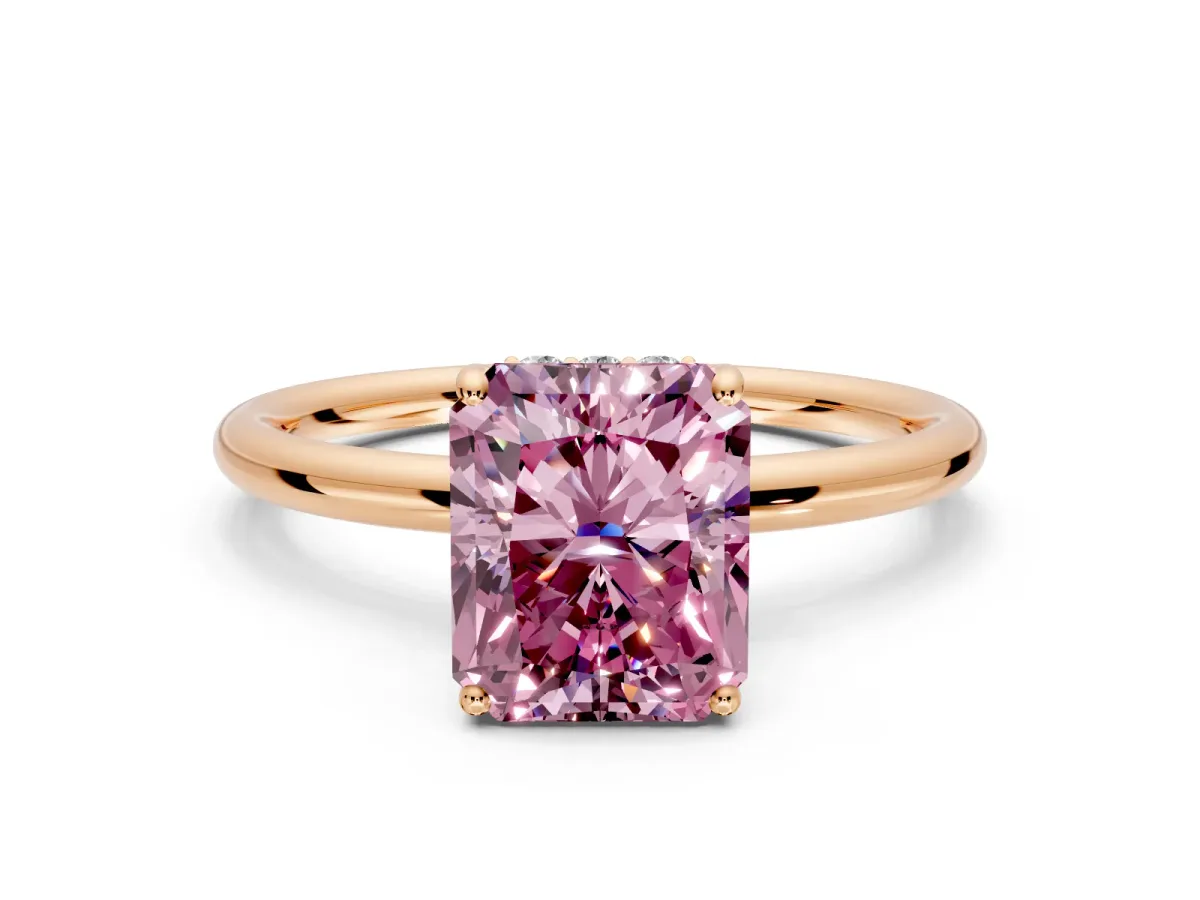 Solitaire Engagement Ring Setting for Fancy Pink Radiant Cut Center with Plain Band, Open Basket and Prong Head in Rose Gold